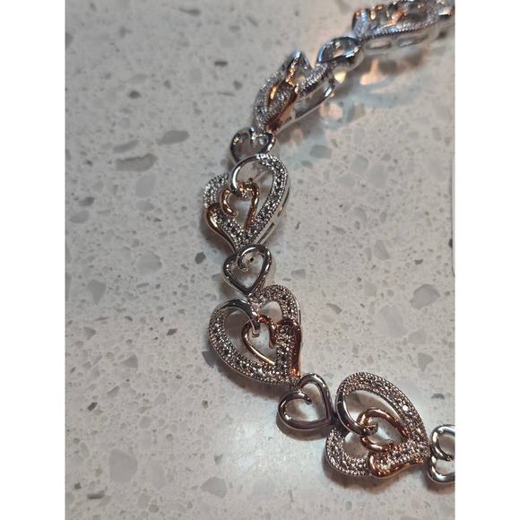 Boutique Jewelry - Natural Diamond Heart Link Bracelet Rhodium Sterling Silver Two Tone Rose Gold